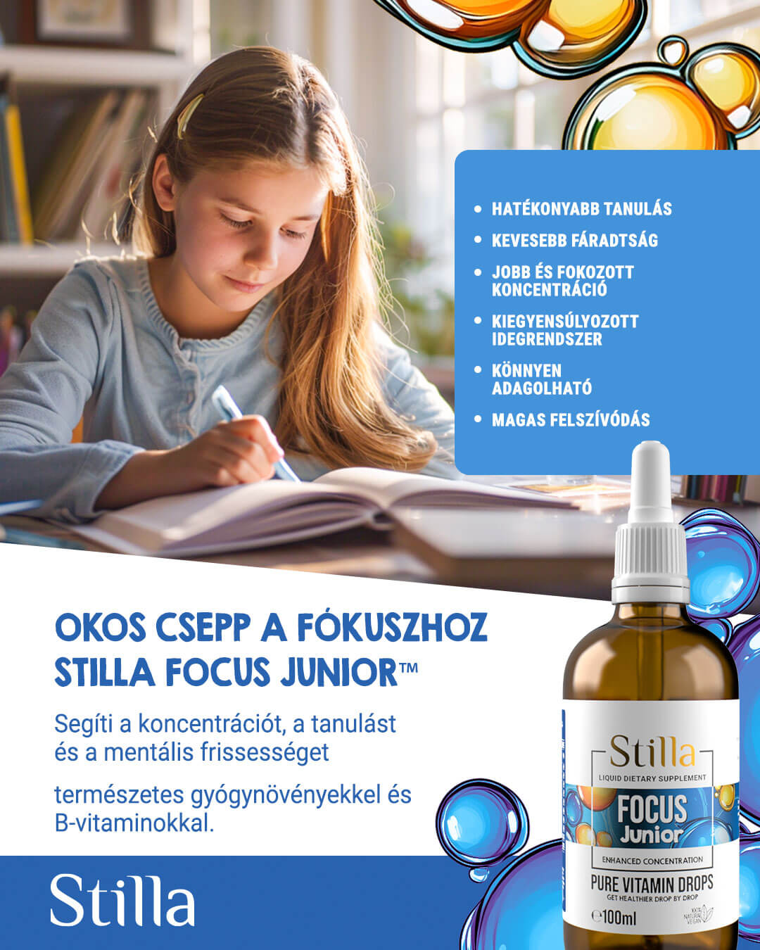 FOCUS JUNIOR – KONCENTRÁCIÓRA, TANULÁSI FÓKUSZRA ÉS SZELLEMI TERHELHETŐSÉGRE – 100 ml - Image 2